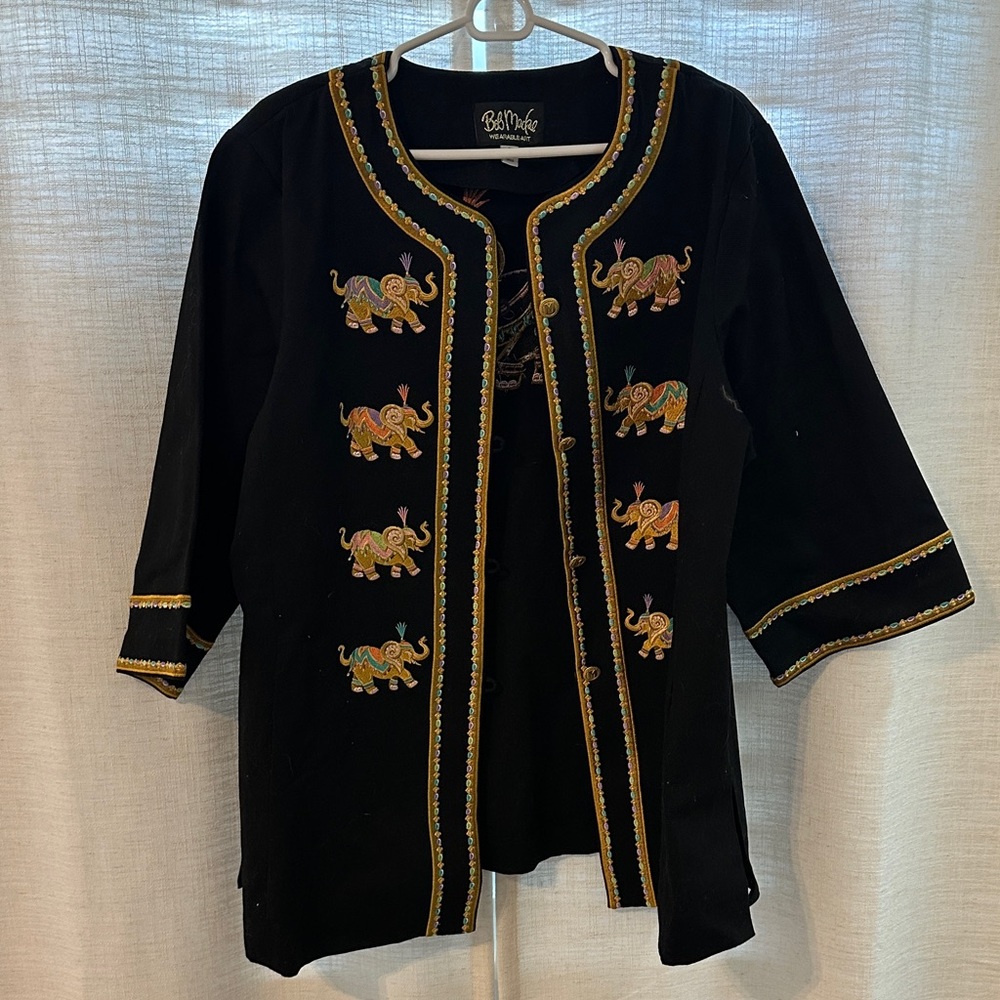 Bob Mackie Black Blazer with Gold and Multicolor Elephant Embroidery